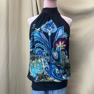 Charlotte Russe Y2K Satin Feel Black and Blue Paisley Halter Sleeveless Blouse /